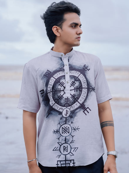 Grey Cotton Linen Stylish Men – Modern Printed Shirt Kurta