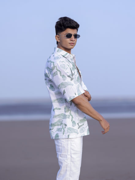 Men’s Tropical White & Green Leaf Print Linen Shirt
