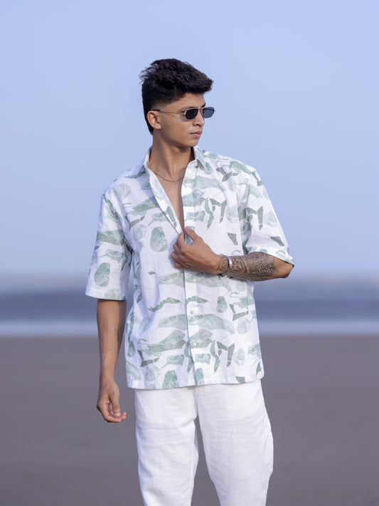 Men’s Tropical White & Green Leaf Print Linen Shirt