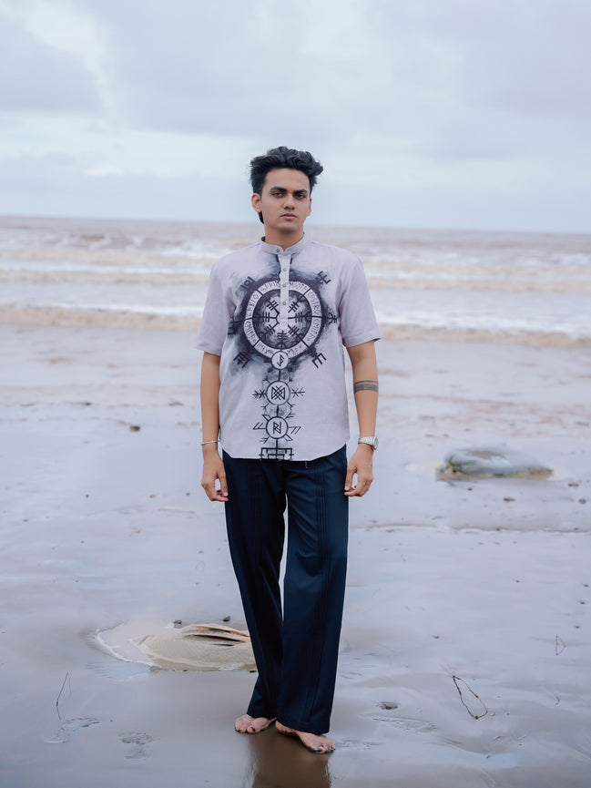 Grey Cotton Linen Stylish Men – Modern Printed Shirt Kurta