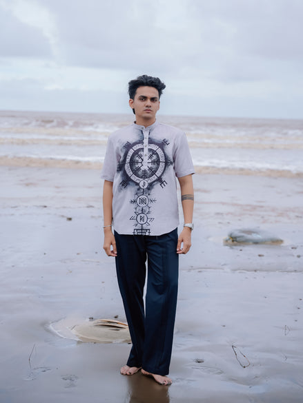 Grey Cotton Linen Stylish Men – Modern Printed Shirt Kurta