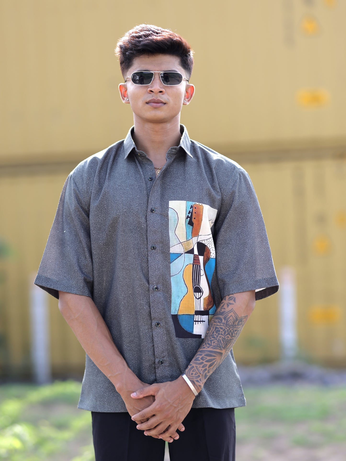 Urban Vibe Men: Grey Cotton Linen Printed Shirt Trendy Streetwear & Bold Styles