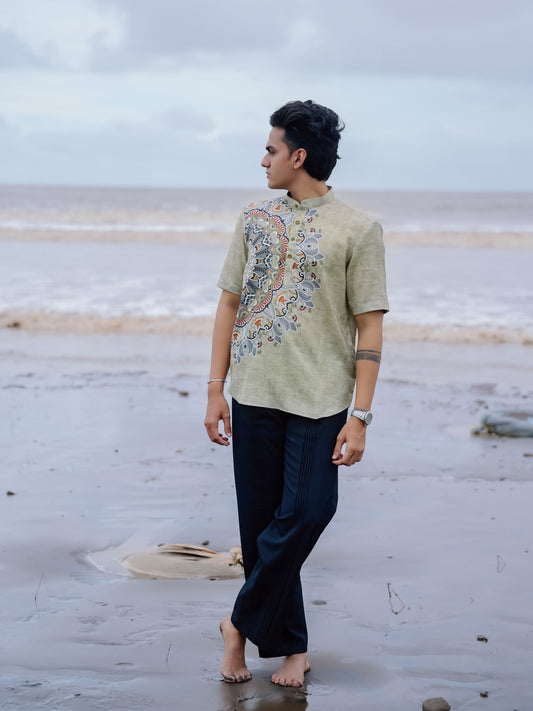Stylish Printed Cotton Linen Olive Green Ethnic Shirt Kurta for Men