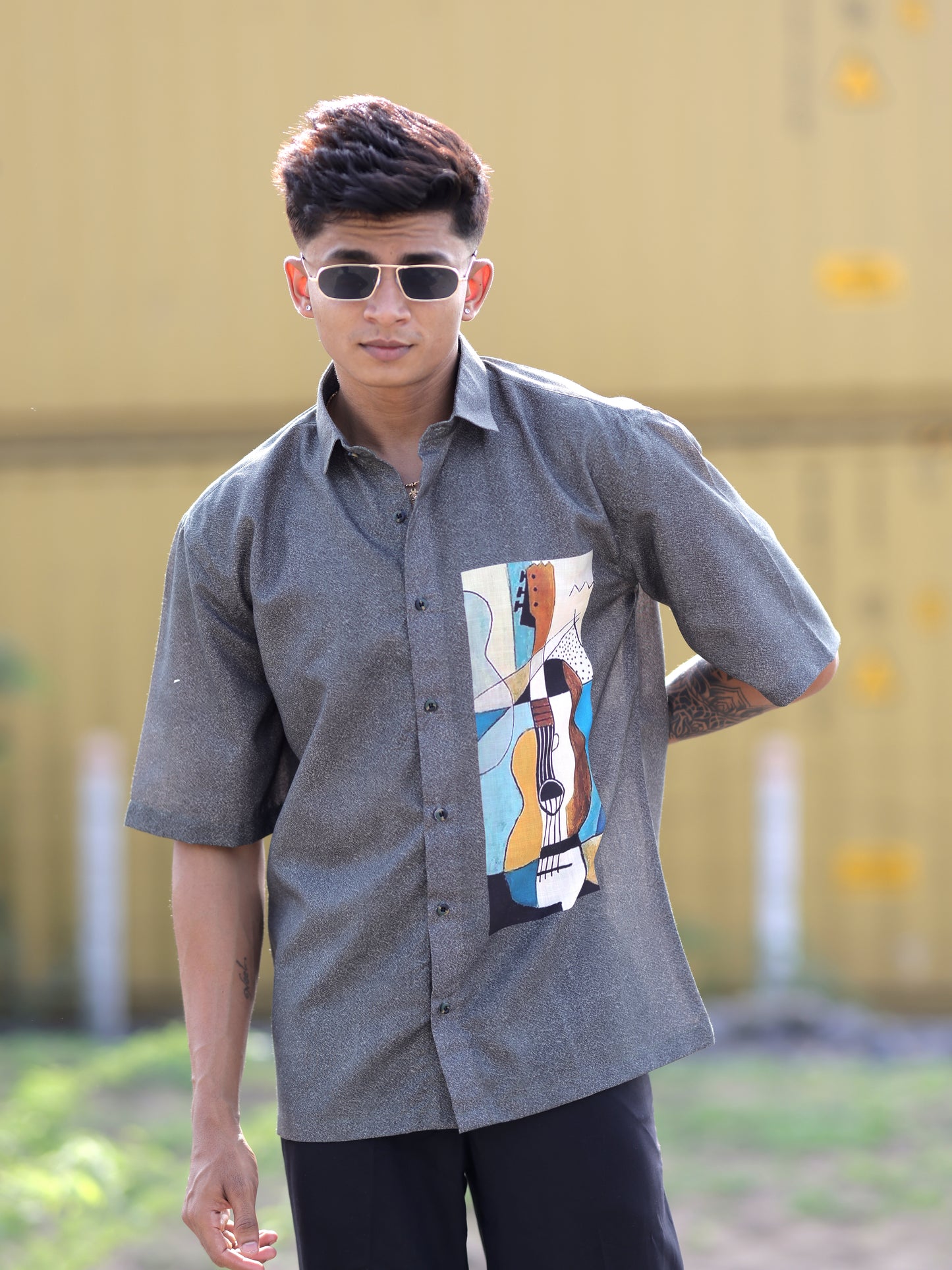 Urban Vibe Men: Grey Cotton Linen Printed Shirt Trendy Streetwear & Bold Styles