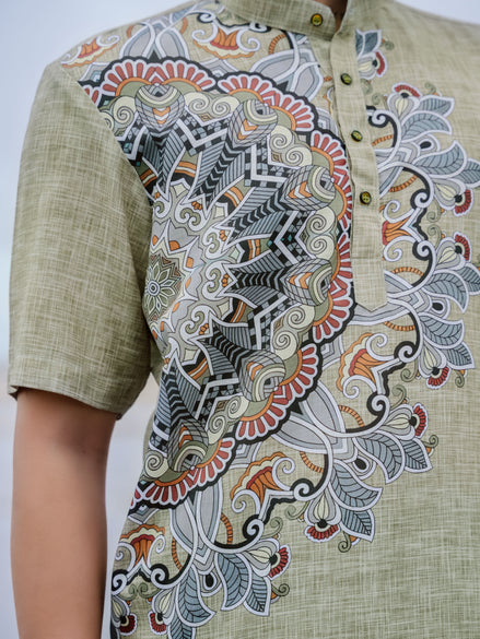 Stylish Printed Cotton Linen Olive Green Ethnic Shirt Kurta for Men