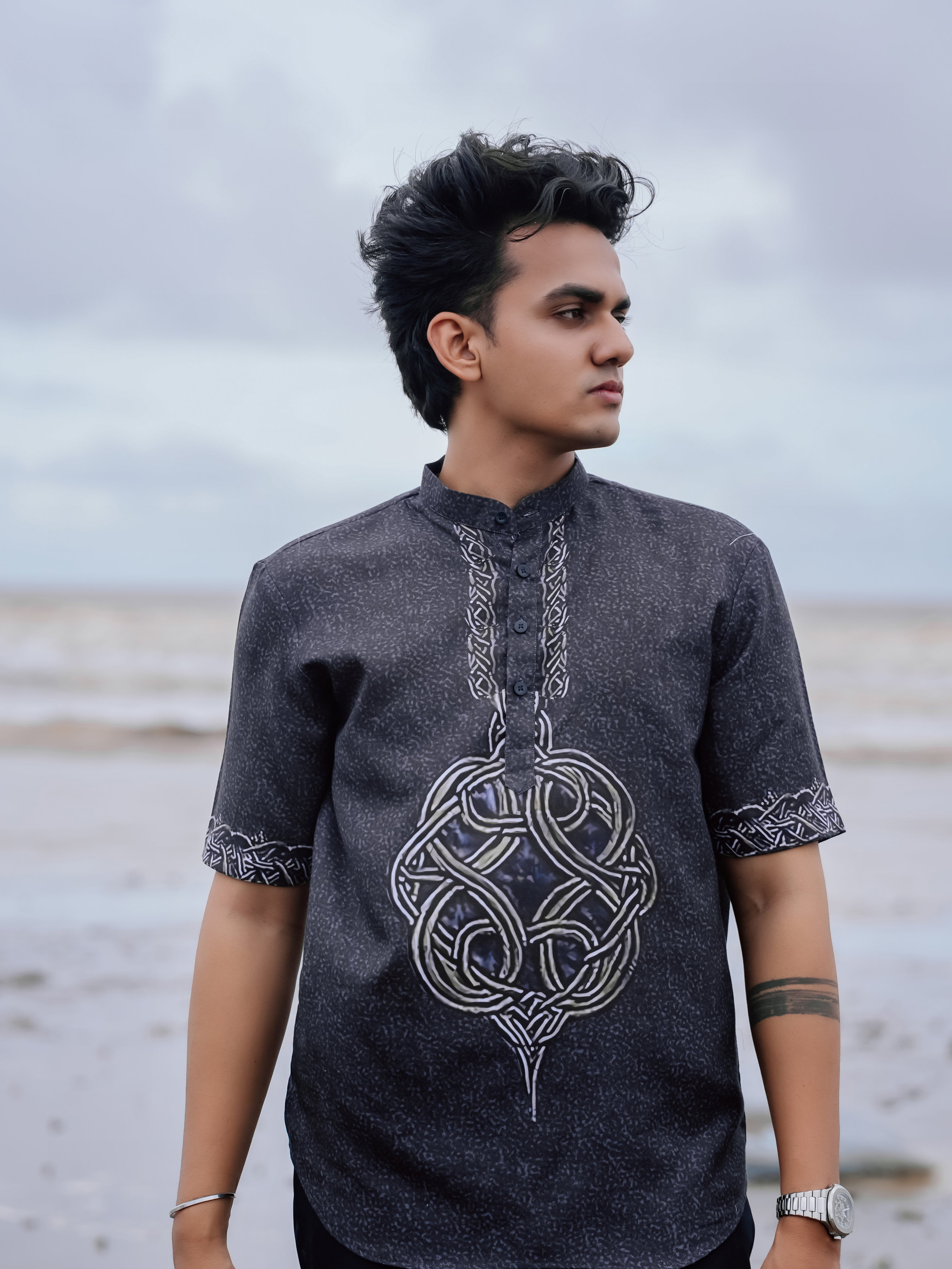 Stylish Black Printed Cotton Linen Shirt Kurta for Men