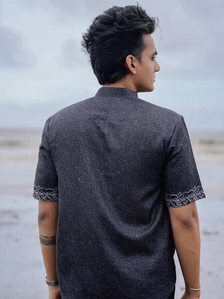 Stylish Black Printed Cotton Linen Shirt Kurta for Men