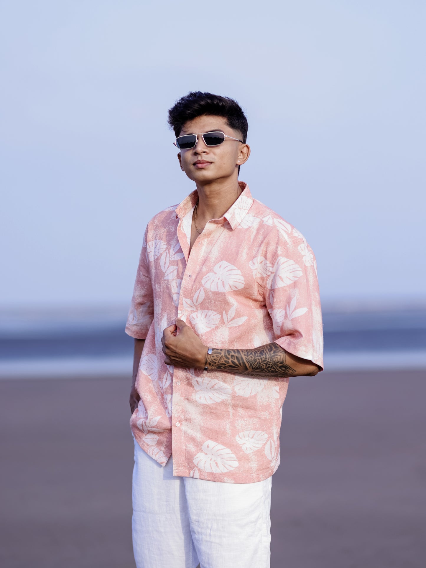 Men’s Peach Lightweight Linen Shirt with Tropical Leaf Print