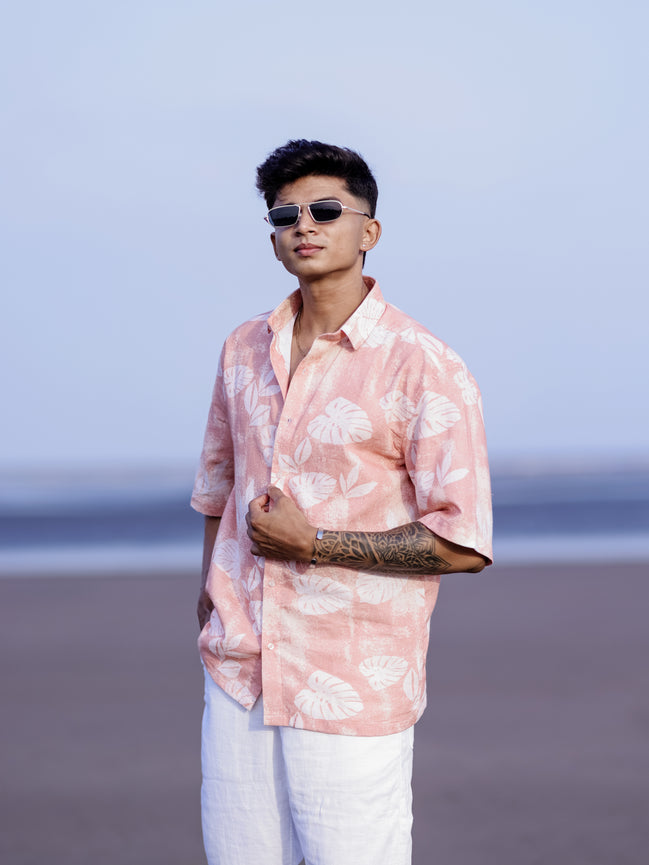 Men’s Peach Lightweight Linen Shirt with Tropical Leaf Print
