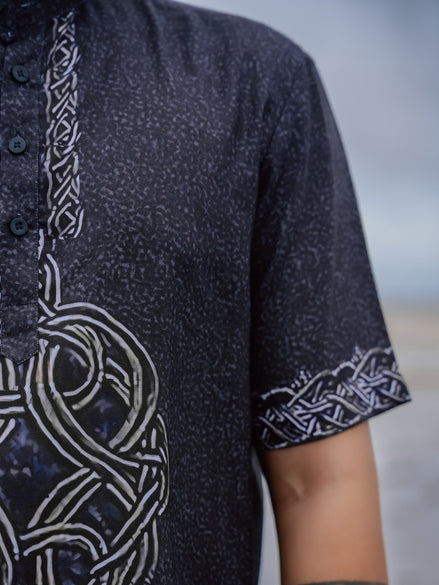 Stylish Black Printed Cotton Linen Shirt Kurta for Men