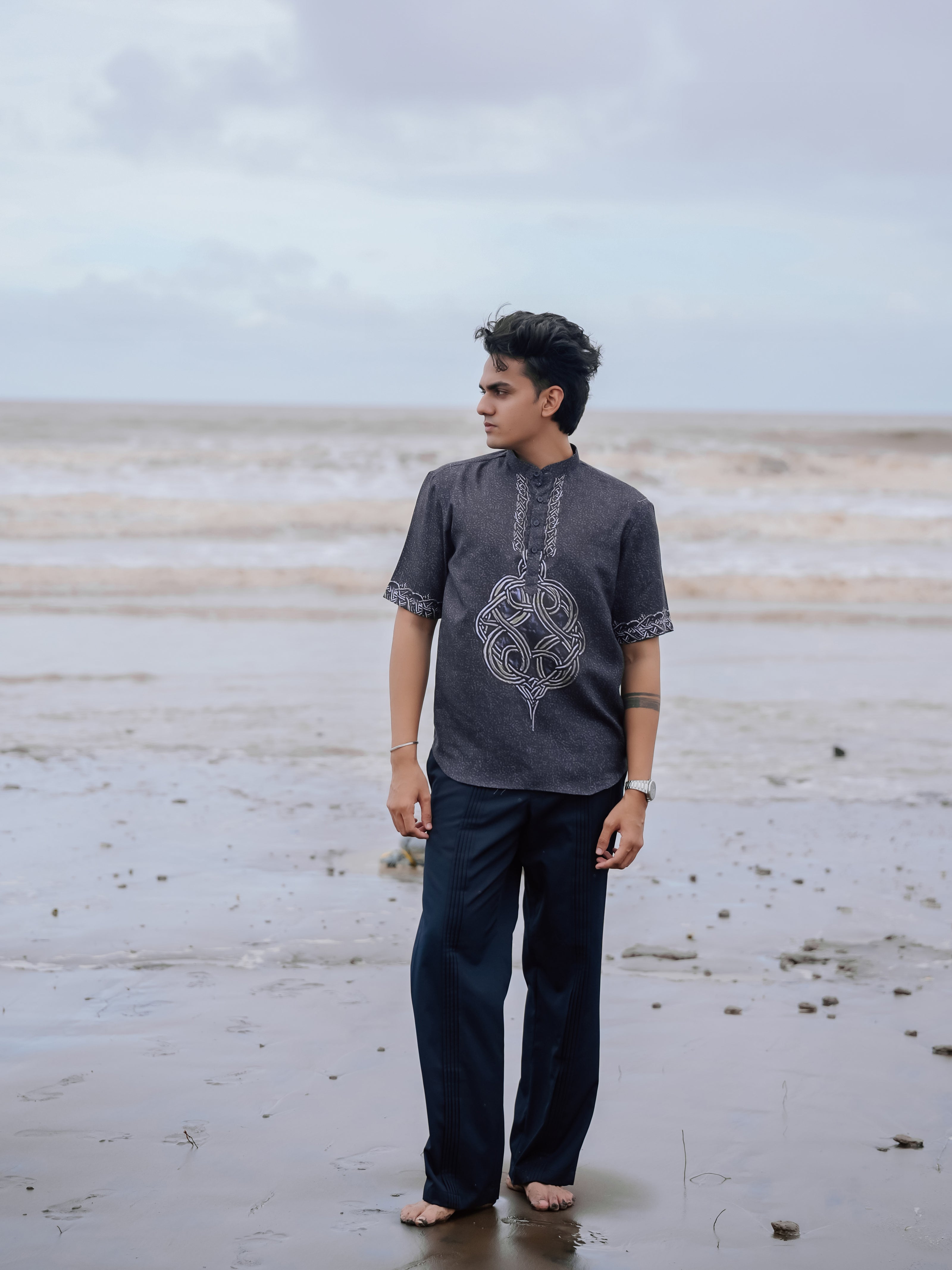 Stylish Black Printed Cotton Linen Shirt Kurta for Men