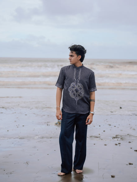 Stylish Black Printed Cotton Linen Shirt Kurta for Men