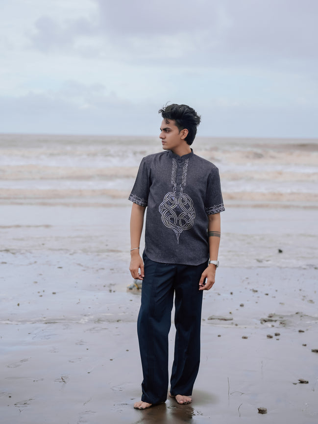 Stylish Black Printed Cotton Linen Shirt Kurta for Men