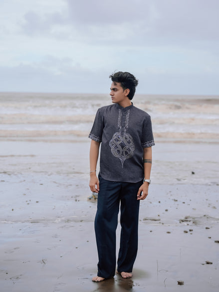 Stylish Black Printed Cotton Linen Shirt Kurta for Men