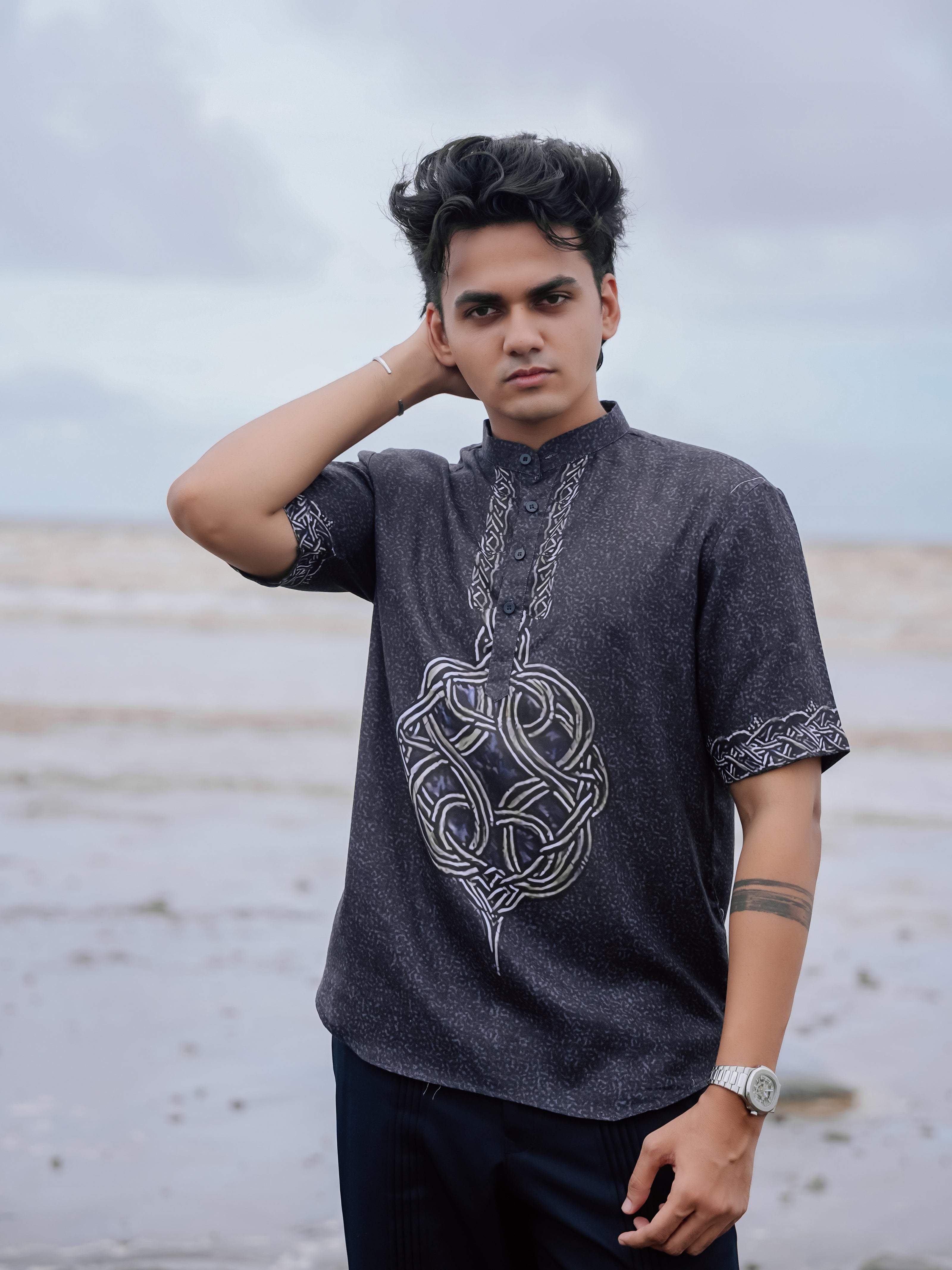 Stylish Black Printed Cotton Linen Shirt Kurta for Men