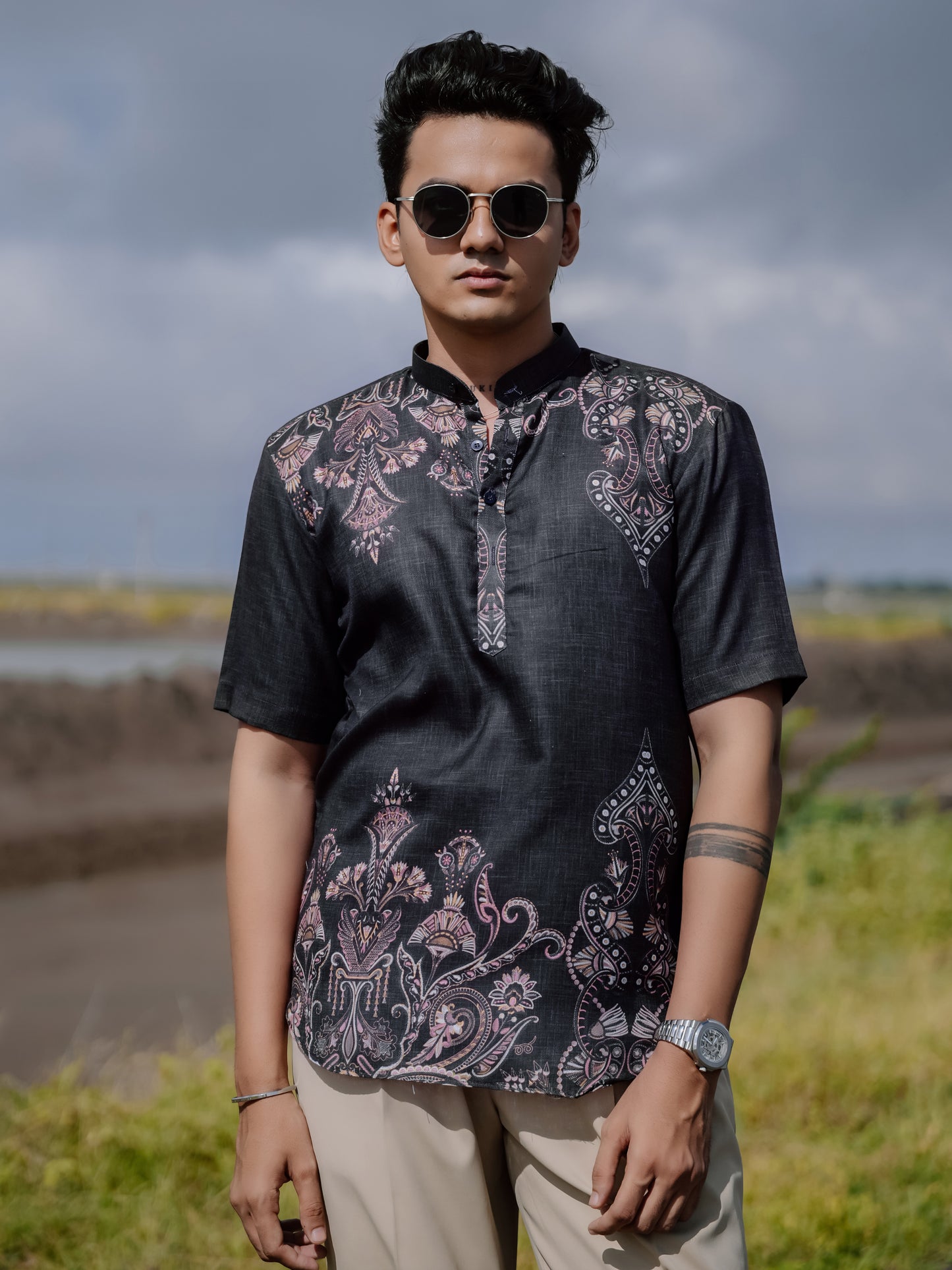 Modern Ethnic Black Printed Cotton Linen Shirt Kurta for Men