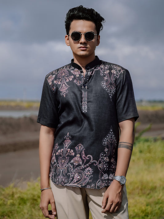 Modern Ethnic Black Printed Cotton Linen Shirt Kurta for Men