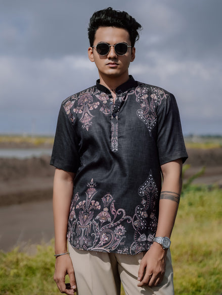 Modern Ethnic Black Printed Cotton Linen Shirt Kurta for Men