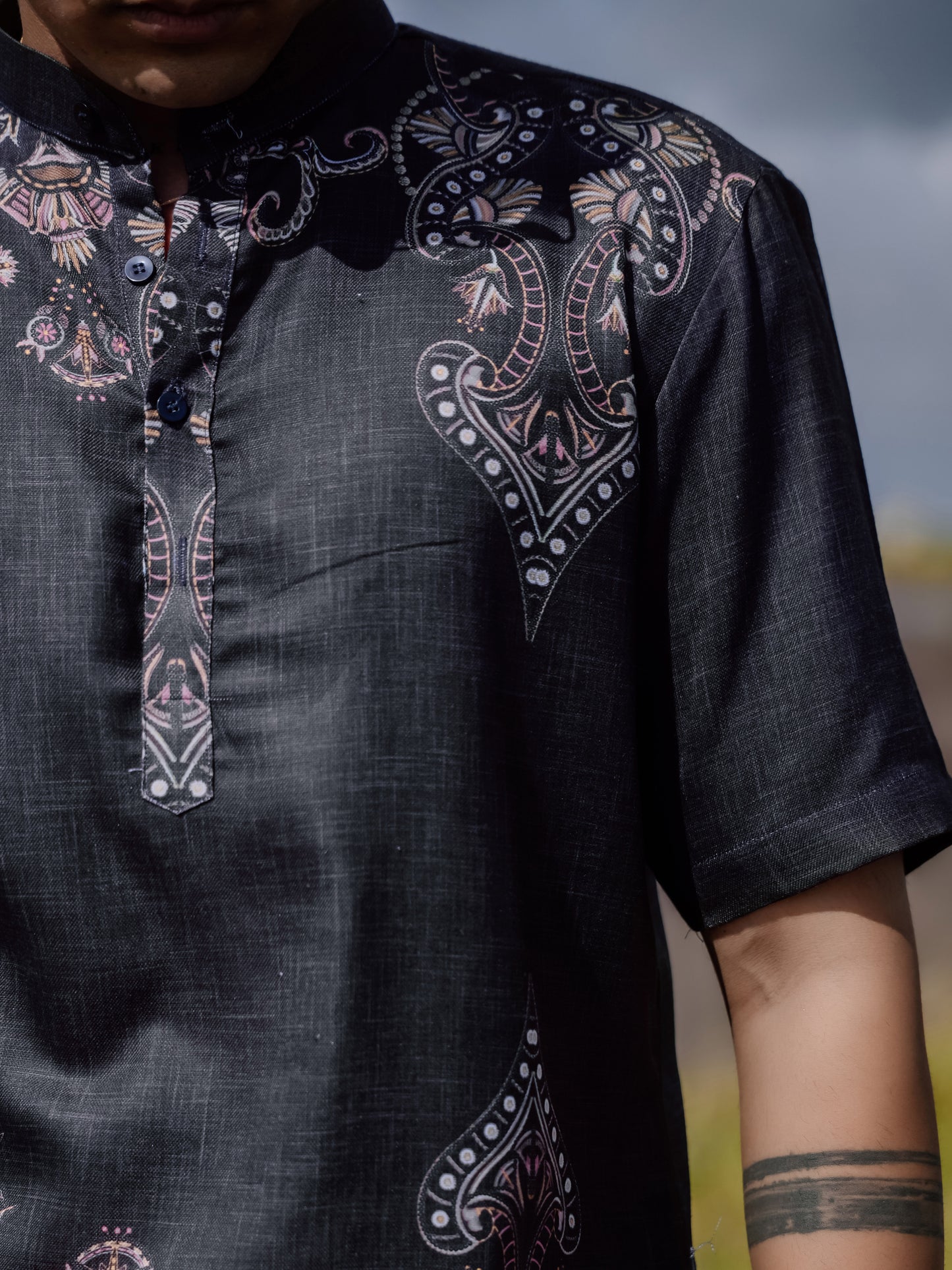Modern Ethnic Black Printed Cotton Linen Shirt Kurta for Men
