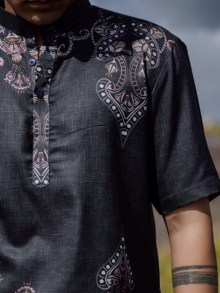 Modern Ethnic Black Printed Cotton Linen Shirt Kurta for Men