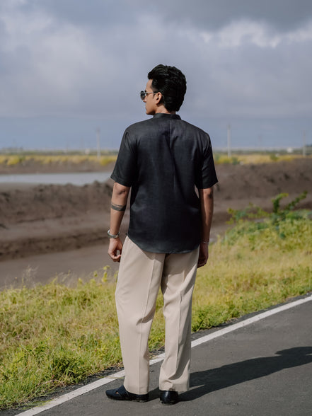 Modern Ethnic Black Printed Cotton Linen Shirt Kurta for Men