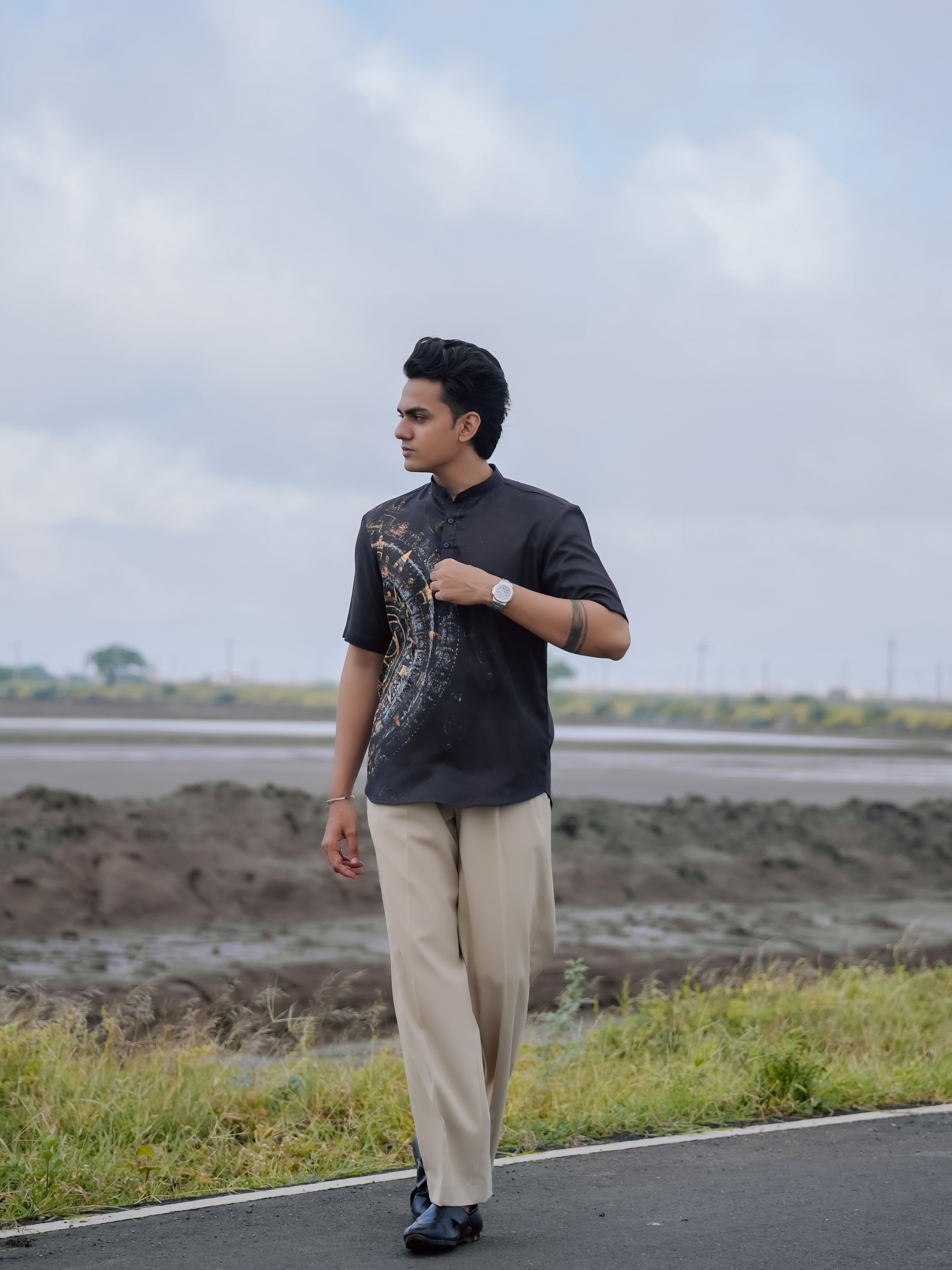 Stylish Black Printed Cotton Linen Shirt Kurta – Modern Ethnic Look