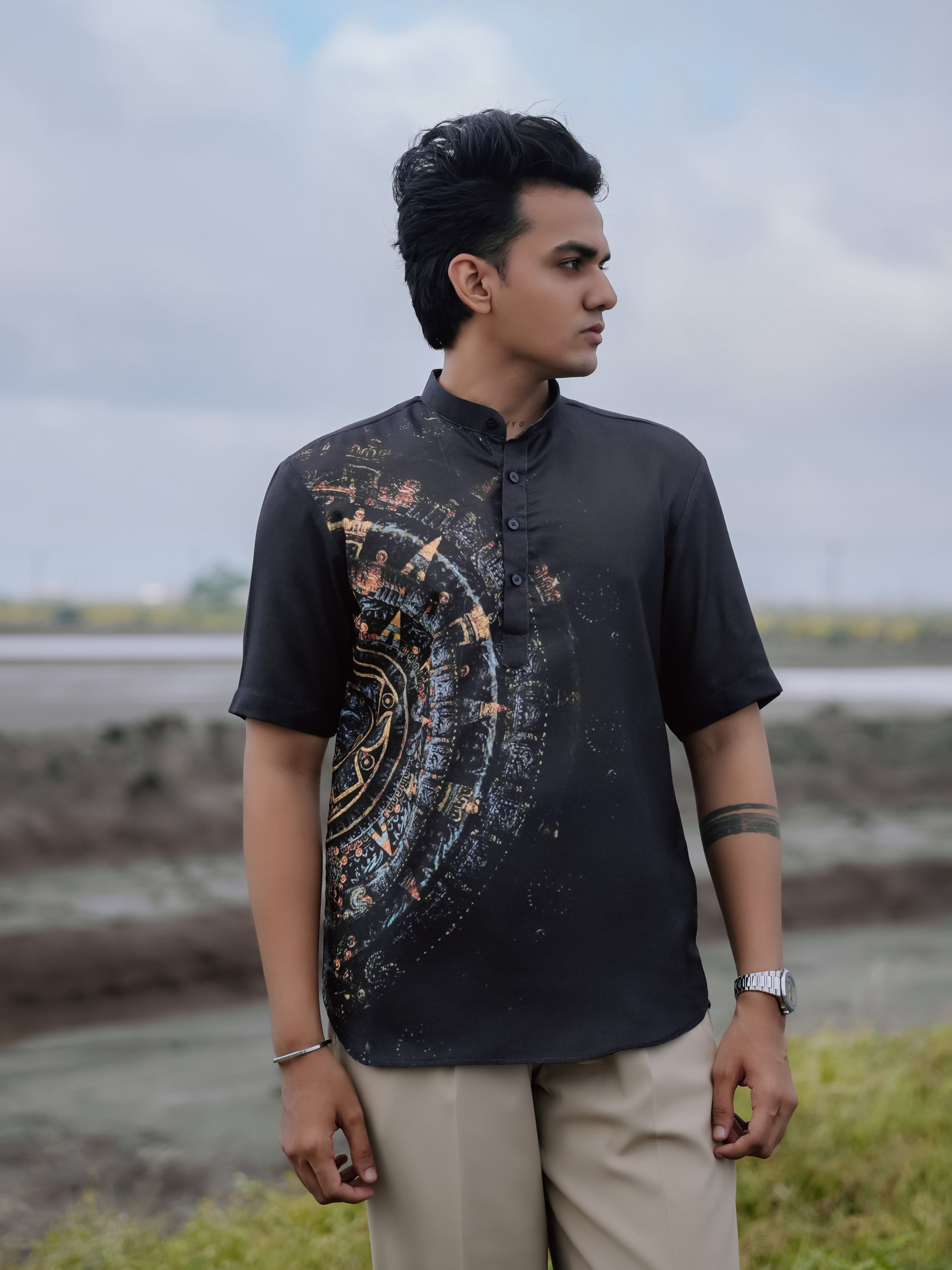 Stylish Black Printed Cotton Linen Shirt Kurta – Modern Ethnic Look