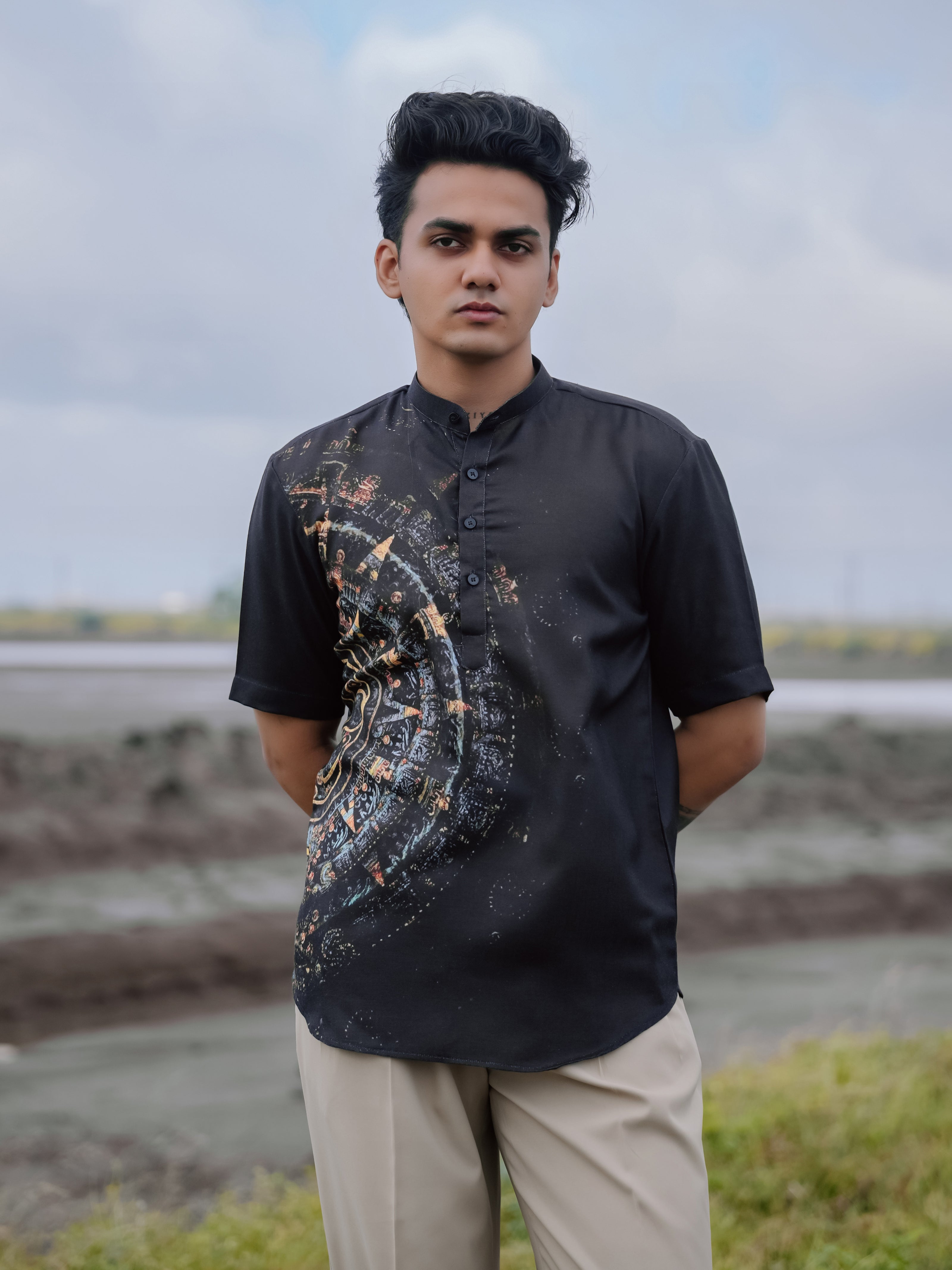 Stylish Black Printed Cotton Linen Shirt Kurta – Modern Ethnic Look