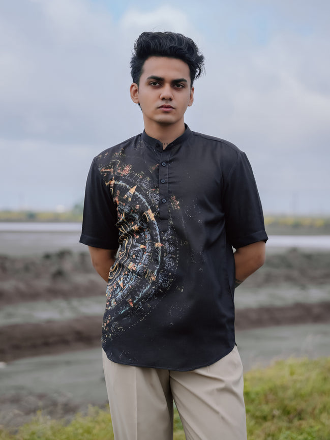 Stylish Black Printed Cotton Linen Shirt Kurta – Modern Ethnic Look