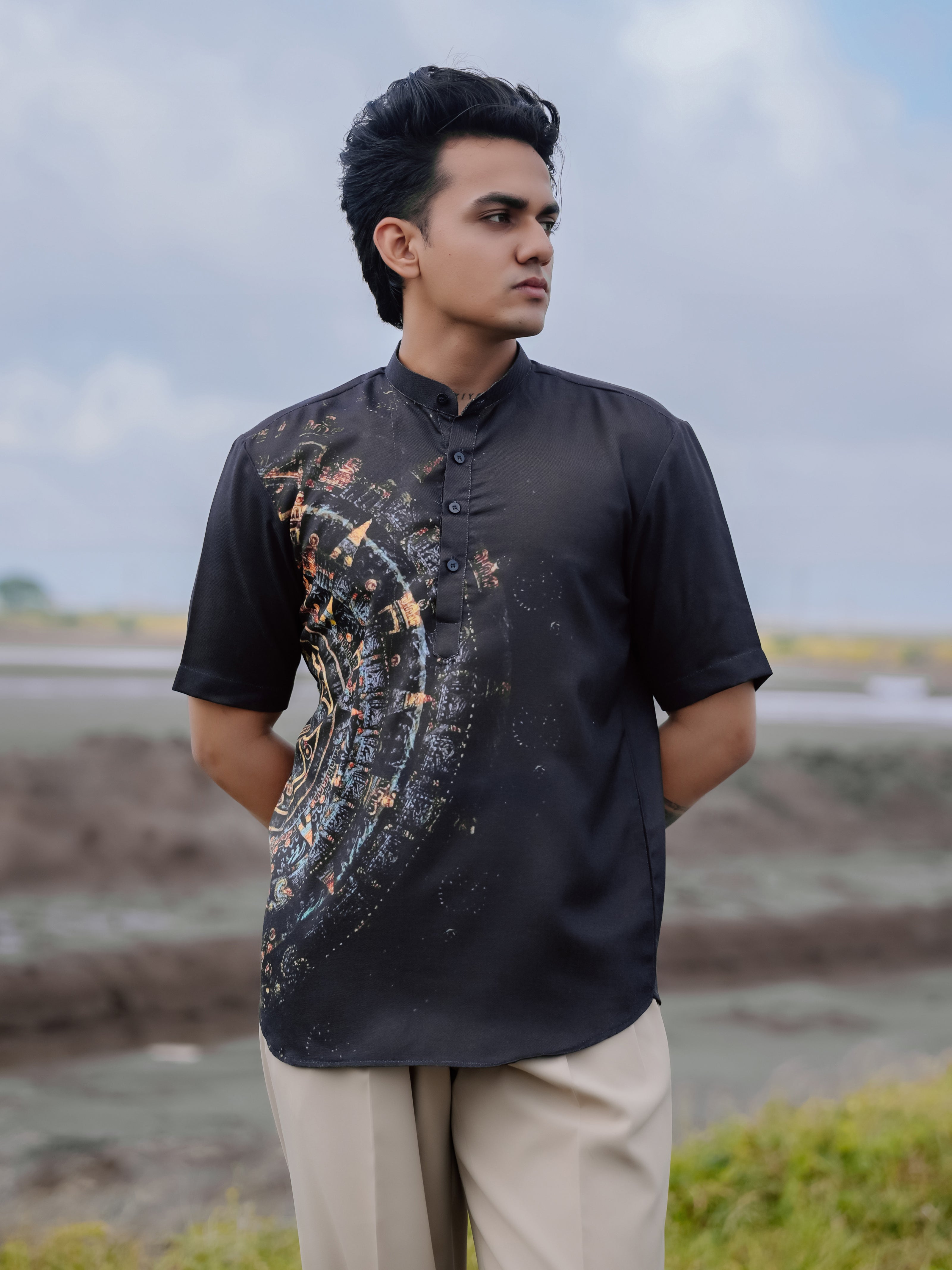 Stylish Black Printed Cotton Linen Shirt Kurta – Modern Ethnic Look
