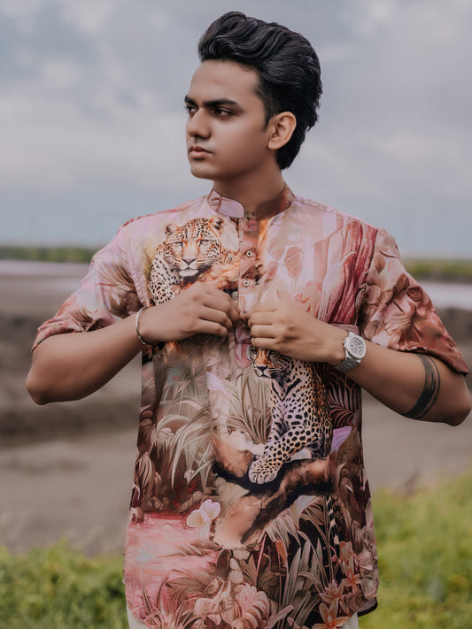 Stylish Peach Leopard Printed Shirt Kurta for Men – Modern Ethnic