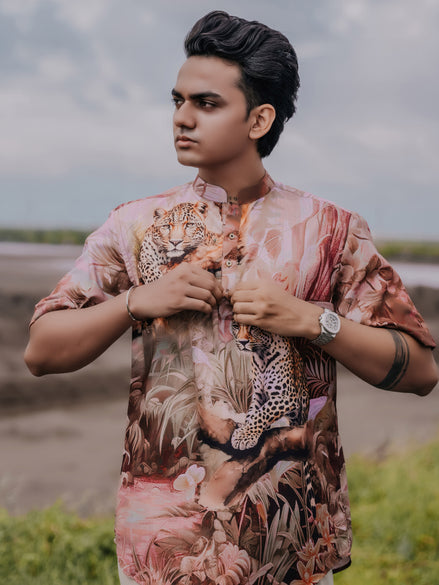 Stylish Peach Leopard Printed Shirt Kurta for Men – Modern Ethnic