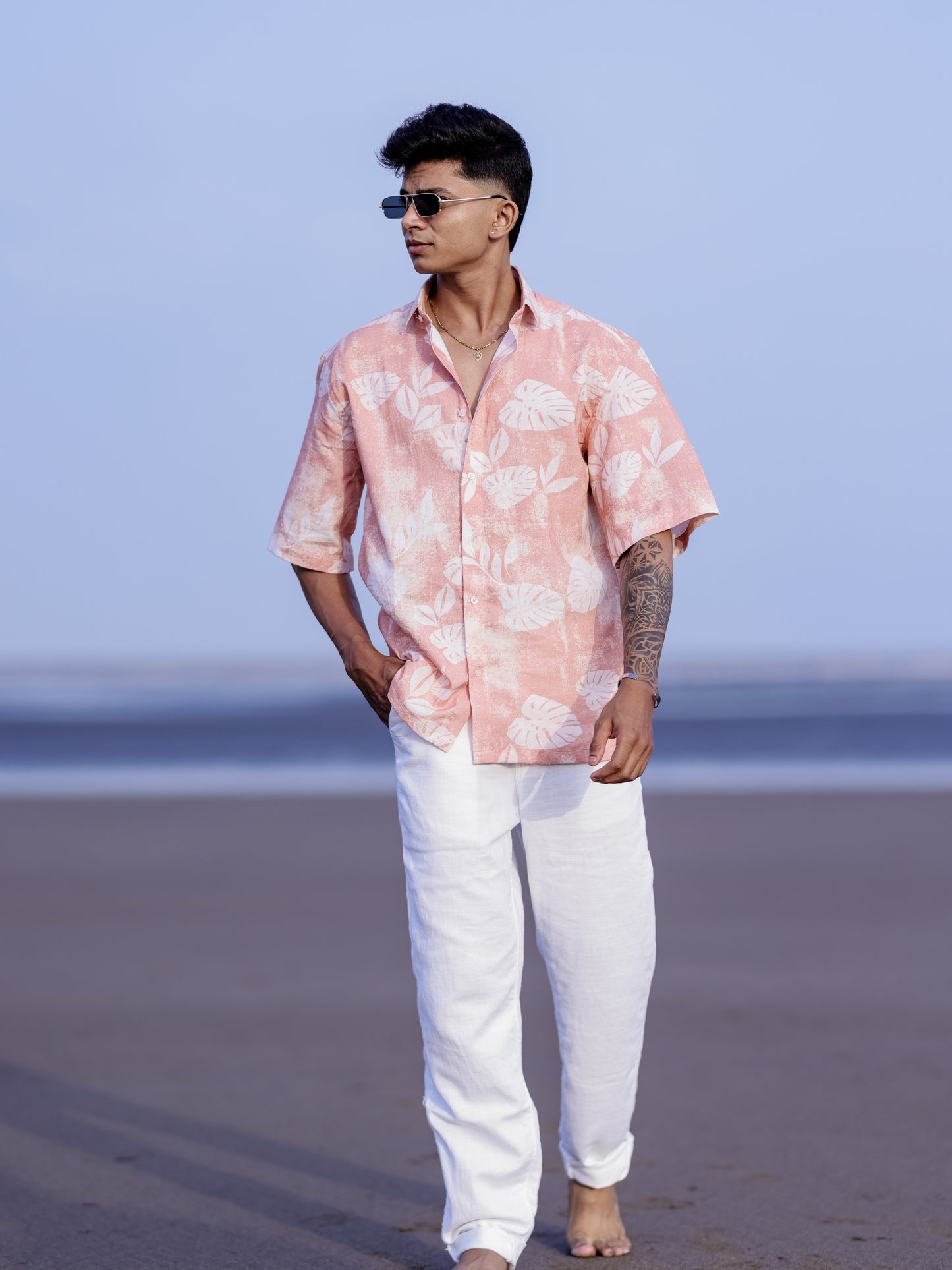 Men’s Peach Lightweight Linen Shirt with Tropical Leaf Print