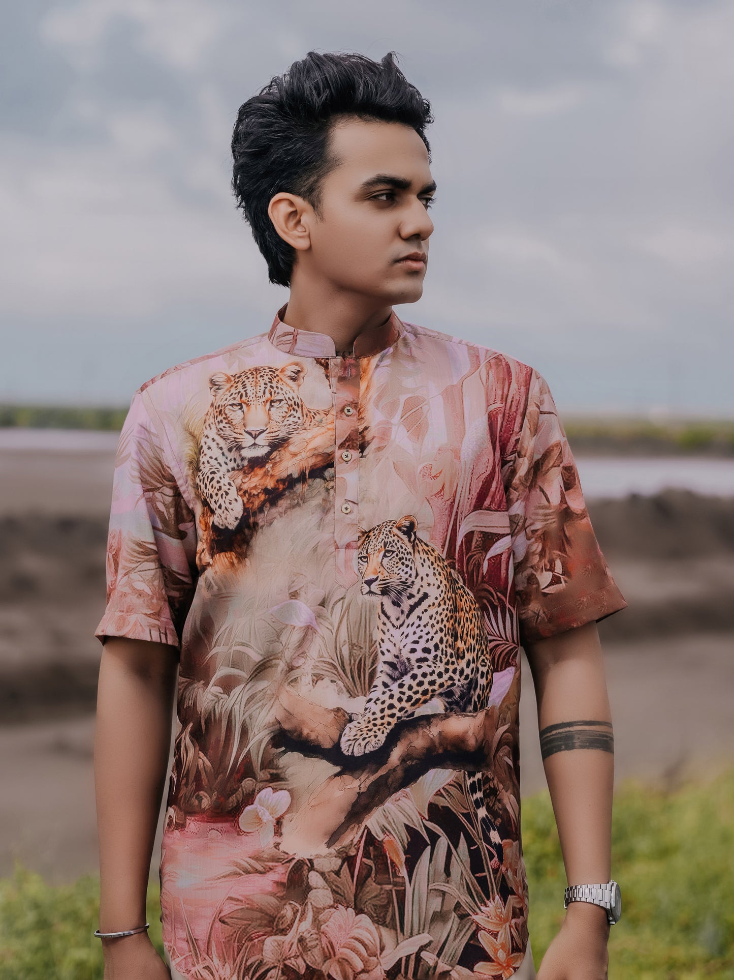 Stylish Peach Leopard Printed Shirt Kurta for Men – Modern Ethnic