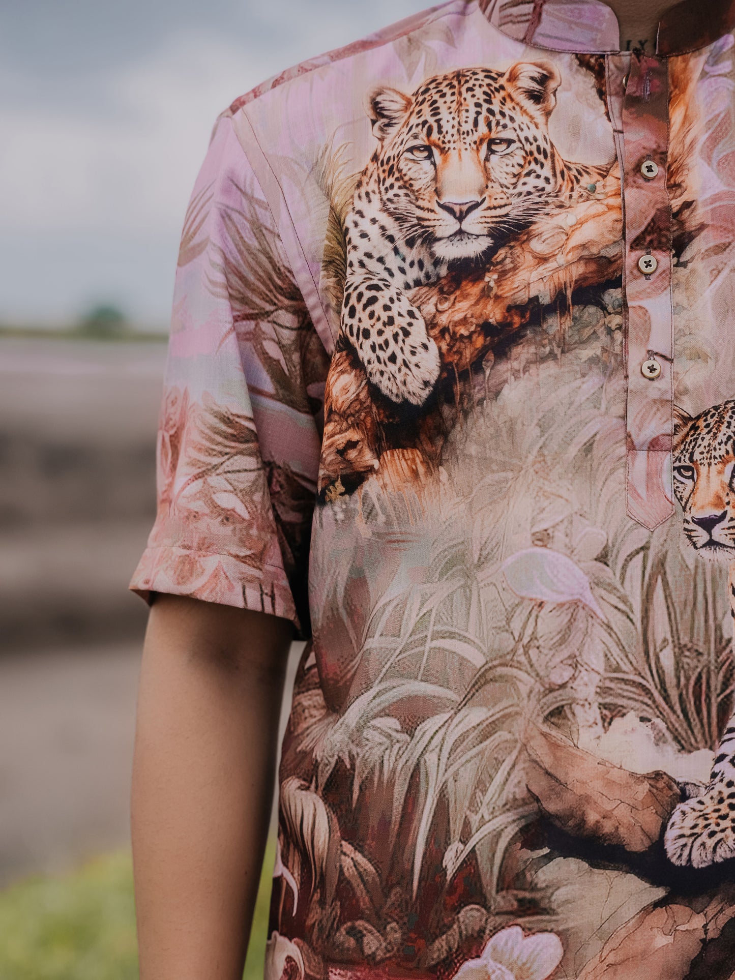 Stylish Peach Leopard Printed Shirt Kurta for Men – Modern Ethnic