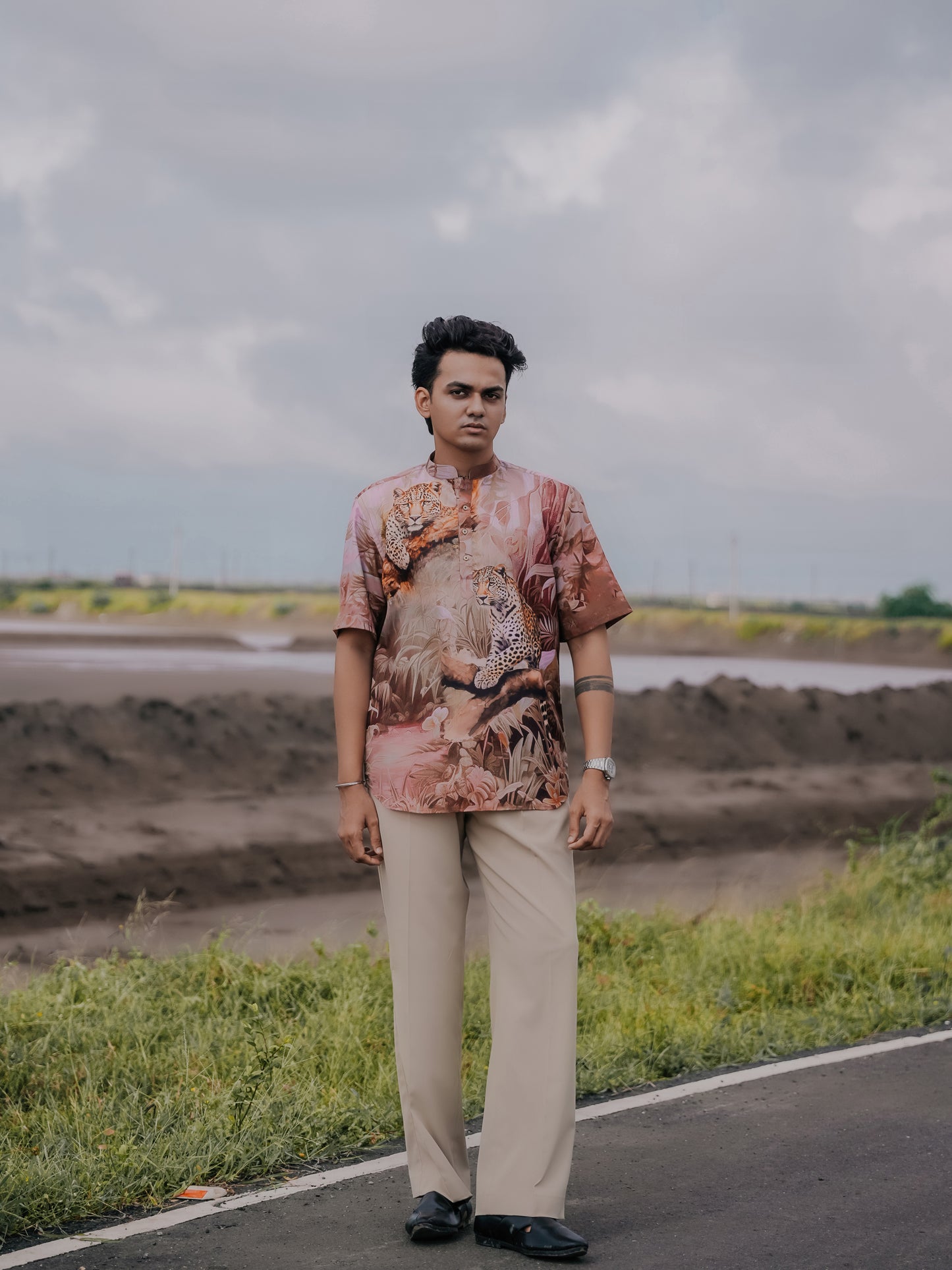 Stylish Peach Leopard Printed Shirt Kurta for Men – Modern Ethnic