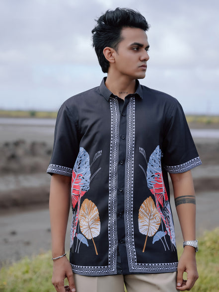 Modern Ethnic Stylish Black Printed Cotton Linen Shirt for Men
