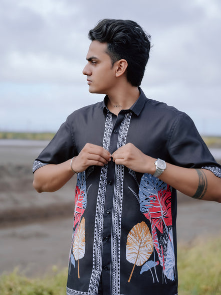 Modern Ethnic Stylish Black Printed Cotton Linen Shirt for Men