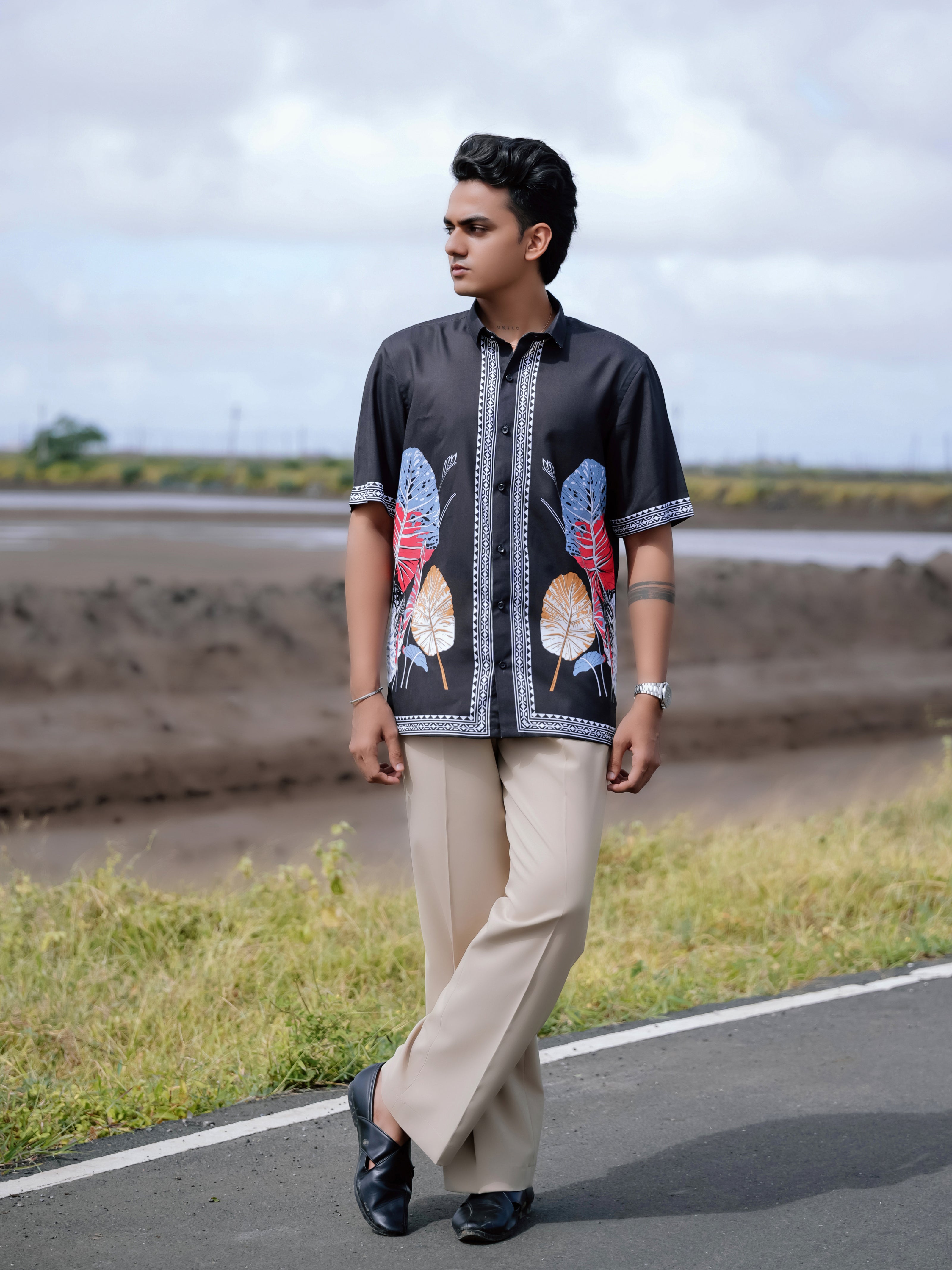 Modern Ethnic Stylish Black Printed Cotton Linen Shirt for Men