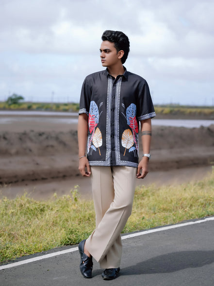 Modern Ethnic Stylish Black Printed Cotton Linen Shirt for Men