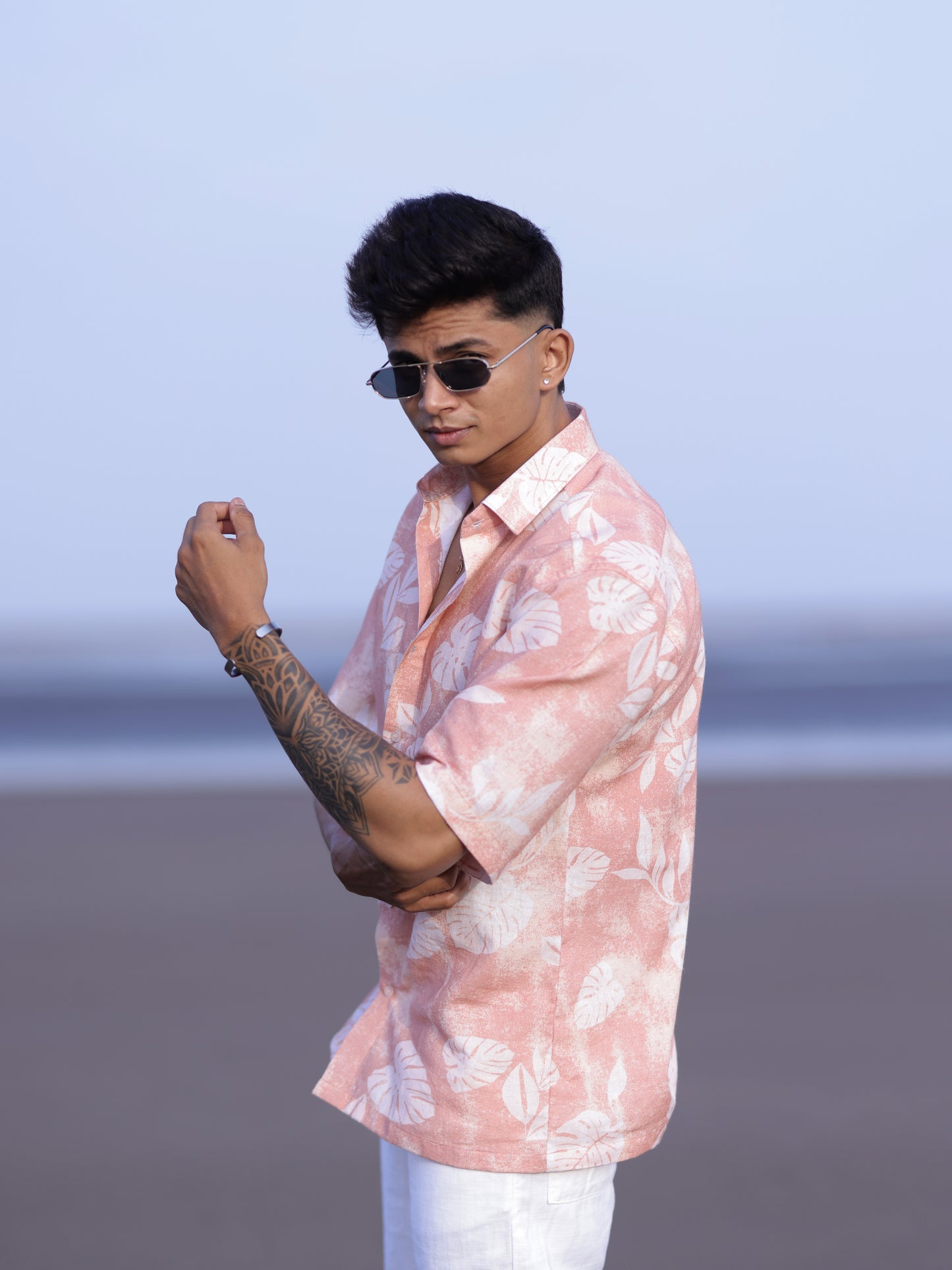 Men’s Peach Lightweight Linen Shirt with Tropical Leaf Print