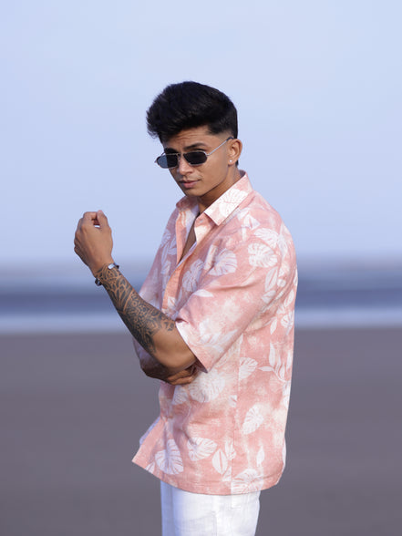 Men’s Peach Lightweight Linen Shirt with Tropical Leaf Print