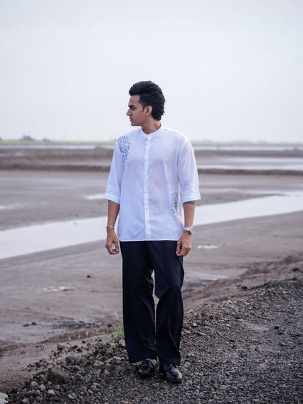 White Mandarin Collar Floral Embroidery Cotton Linen Shirt