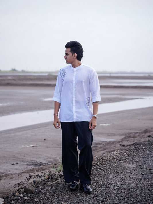 White Mandarin Collar Floral Embroidery Cotton Linen Shirt