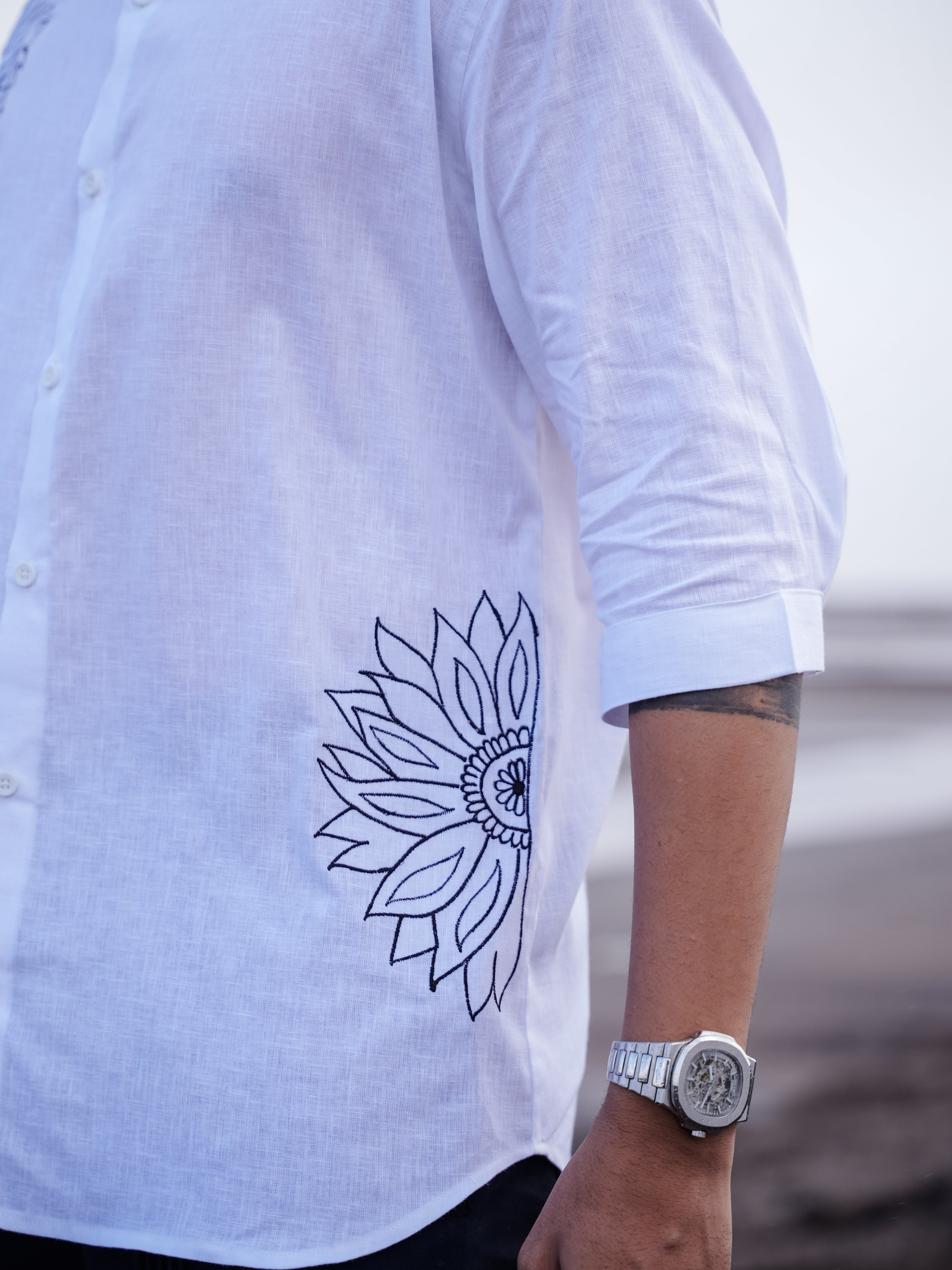 White Mandarin Collar Floral Embroidery Cotton Linen Shirt