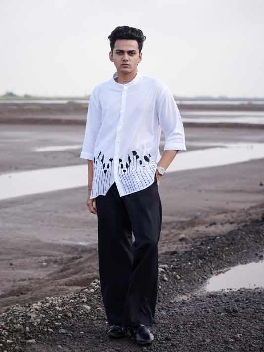 White Mandarin Collar Floral Embroidery Cotton Linen Shirt