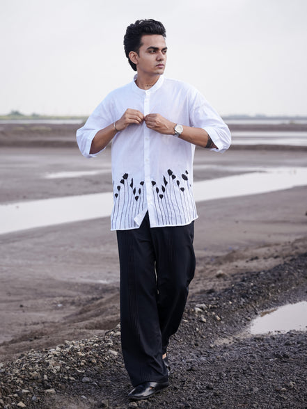 White Mandarin Collar Floral Embroidery Cotton Linen Shirt