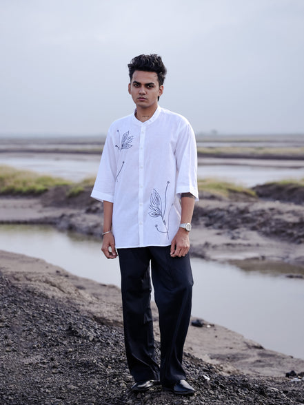 White Floral Embroidery Cotton Linen Mandarin Collar Shirt