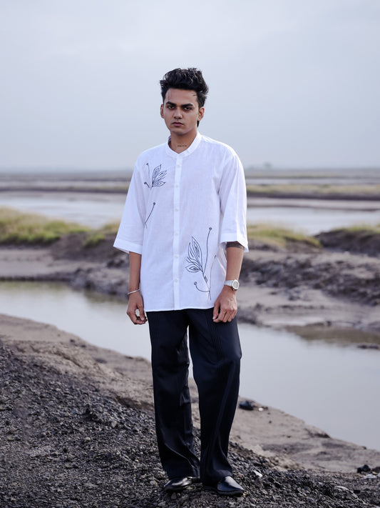 White Floral Embroidery Cotton Linen Mandarin Collar Shirt