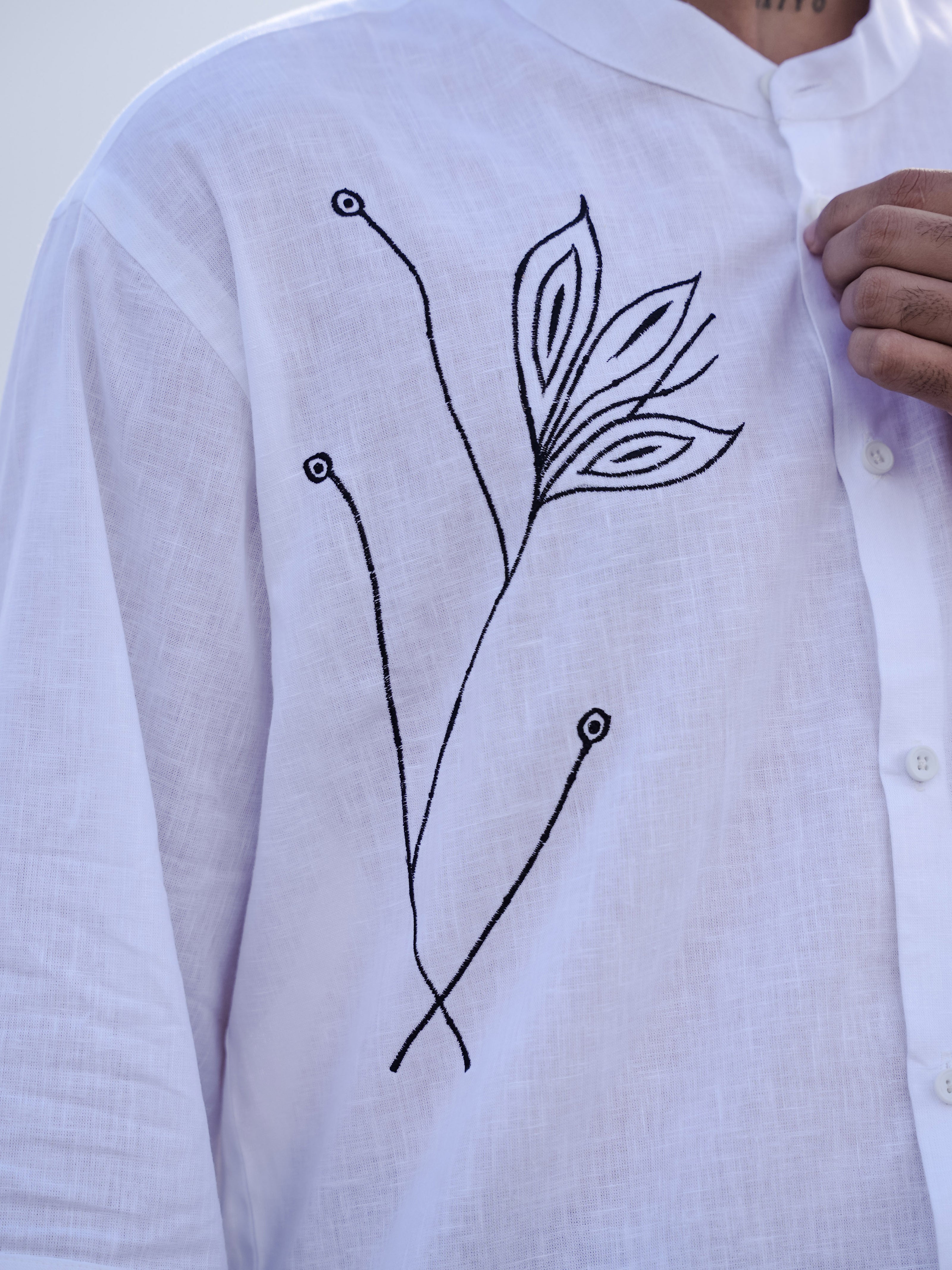 White Floral Embroidery Cotton Linen Mandarin Collar Shirt